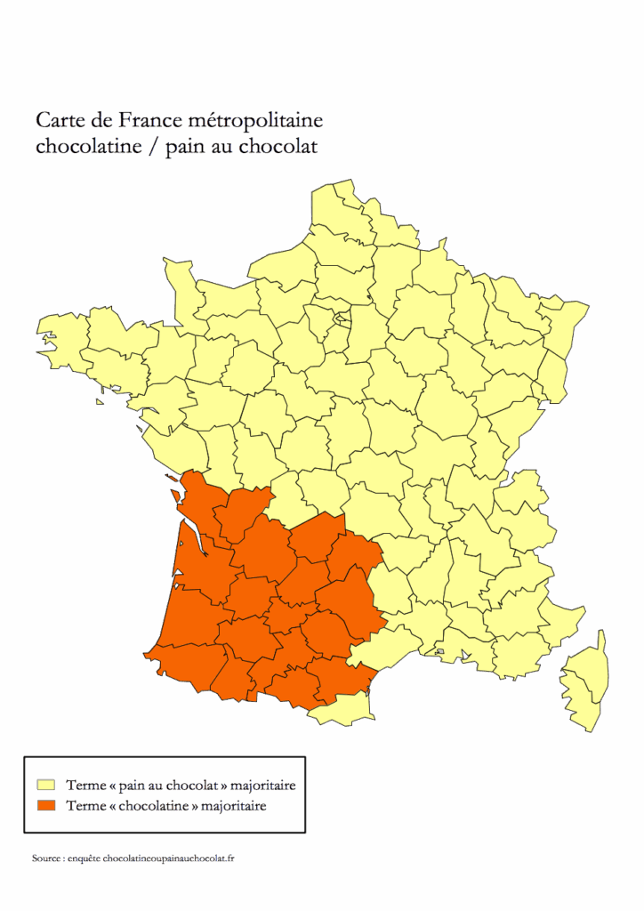 A map of France showing areas that use the phrase pain au chocolat and the south-west that uses chocolatine.