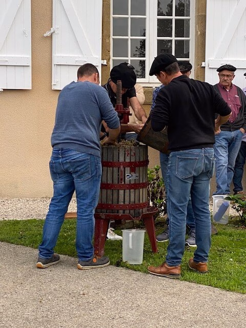 Celebrating the start of the wine harvest. Pressing the first grapes at Crouseilles, Madiran 2025.