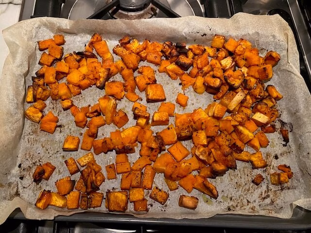 Butternut squash after being cooked in the oven.