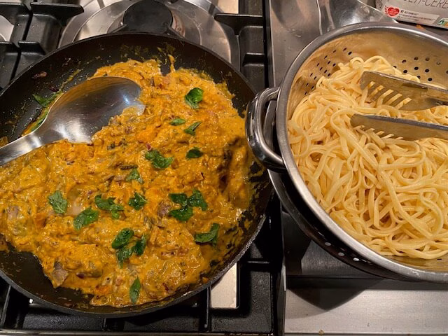 Butternut squash pasta sauce and linguine, made in the French country kitchen at Peyroulat, South-West France.