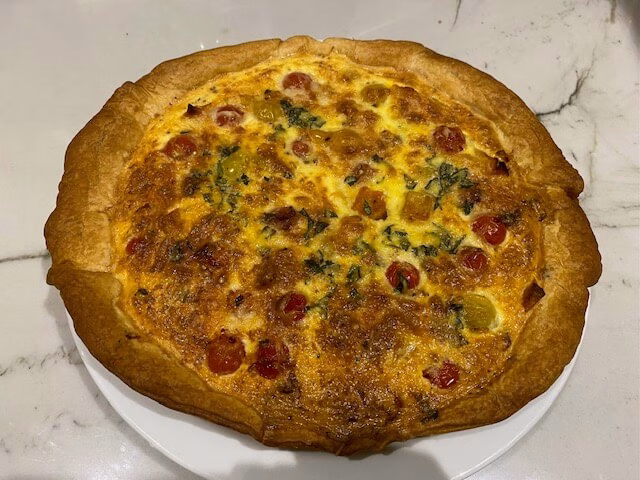Butternut squash quiche after baking in the French country kitchen at Peyroulat, South-West France.