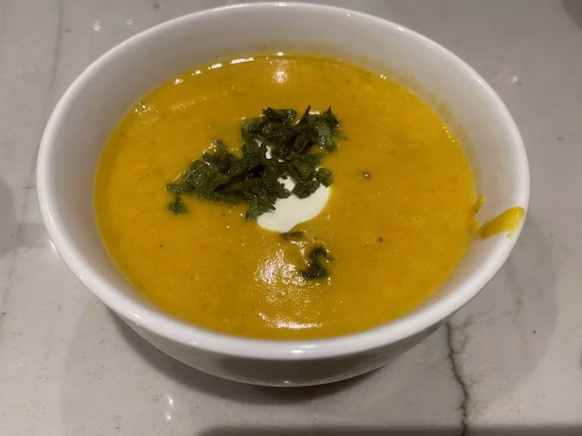 Butternut squash soup made in the French country house kitchen at Peyroulat, South-West France.
